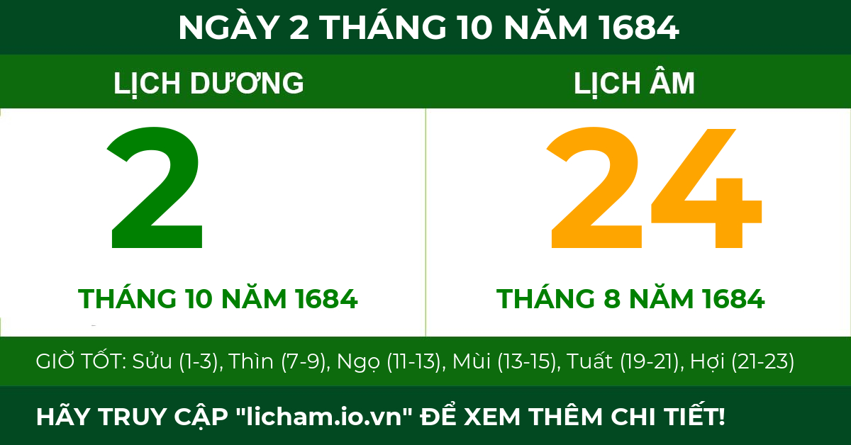 lịch âm ngày 2 tháng 10 năm 1684