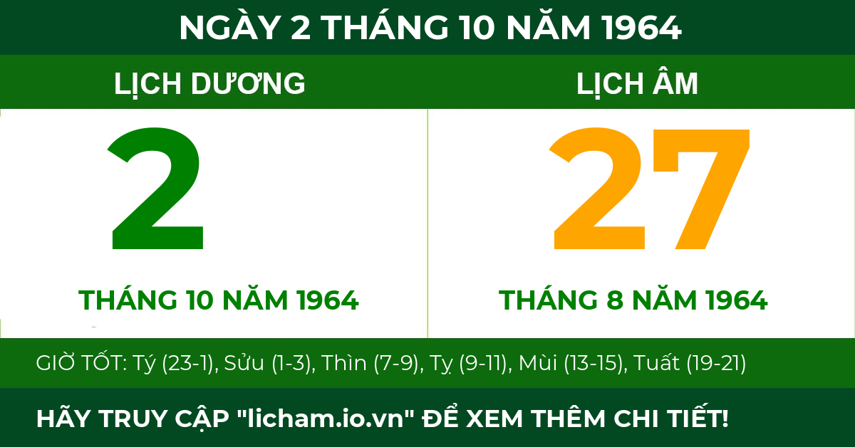 lịch âm ngày 2 tháng 10 năm 1964