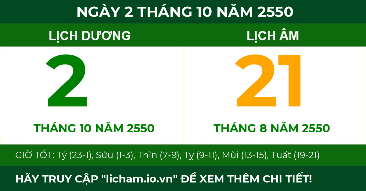 lịch âm ngày 2 tháng 10 năm 2550