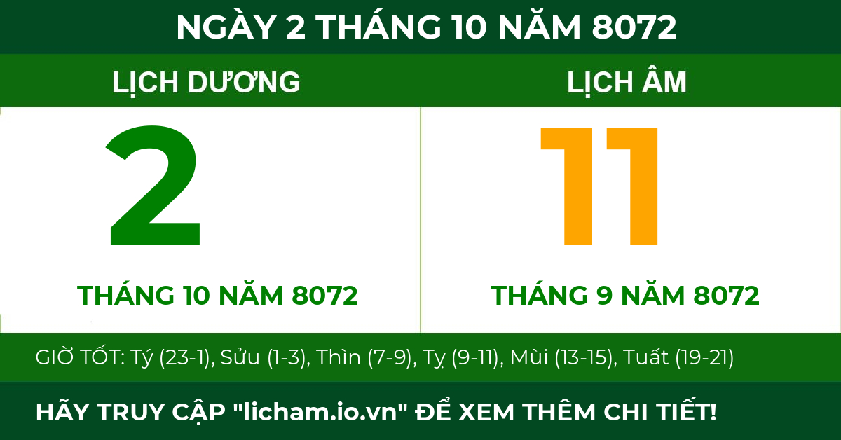 lịch âm ngày 2 tháng 10 năm 8072