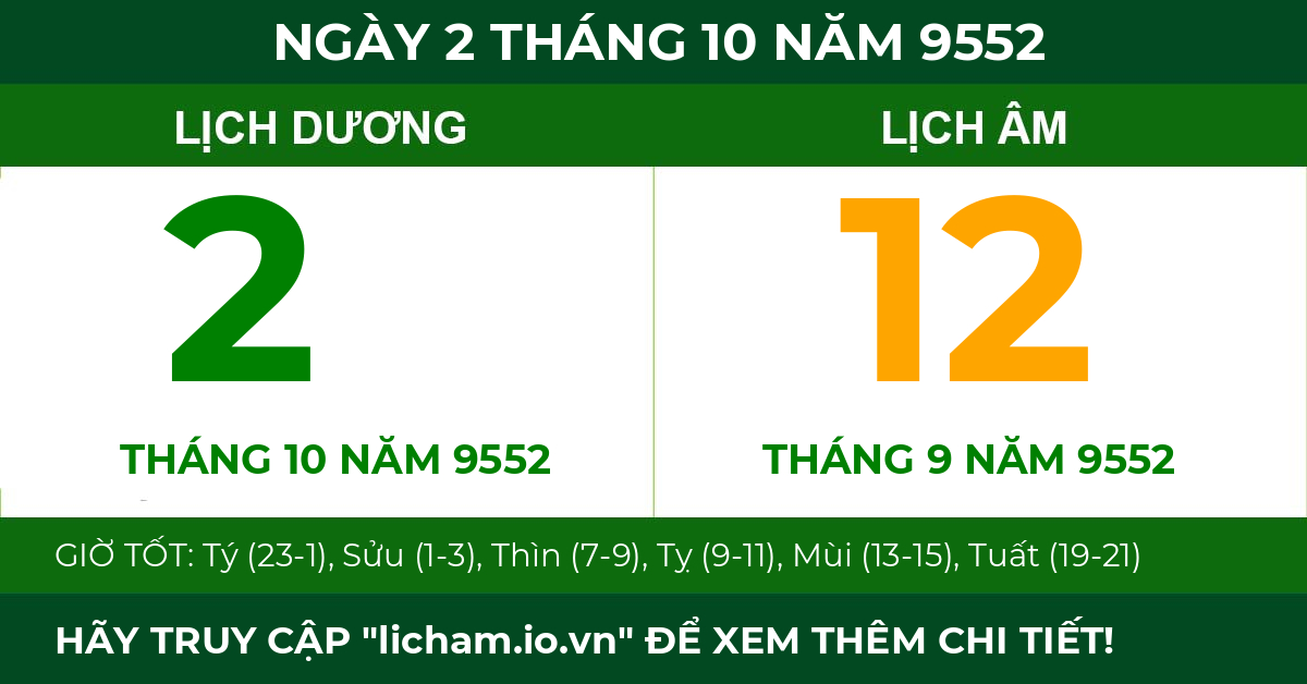 lịch âm ngày 2 tháng 10 năm 9552