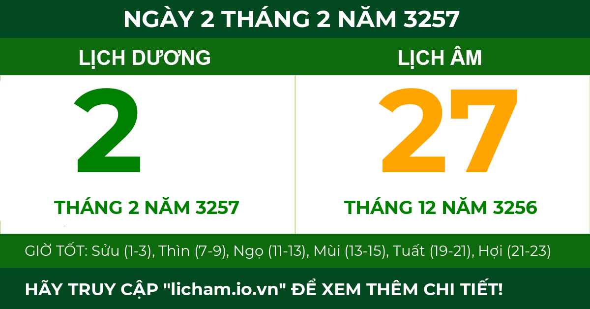 lịch âm ngày 2 tháng 2 năm 3257
