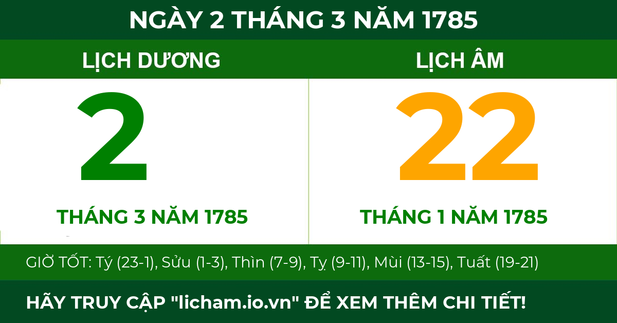lịch âm ngày 2 tháng 3 năm 1785