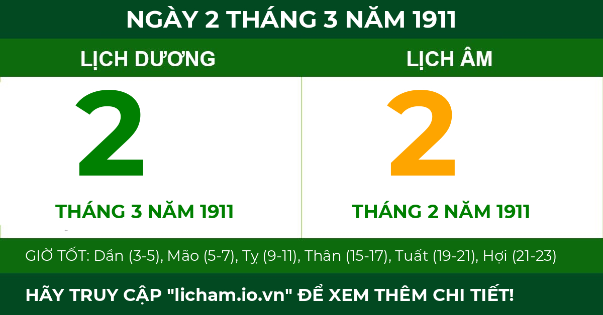 lịch âm ngày 2 tháng 3 năm 1911