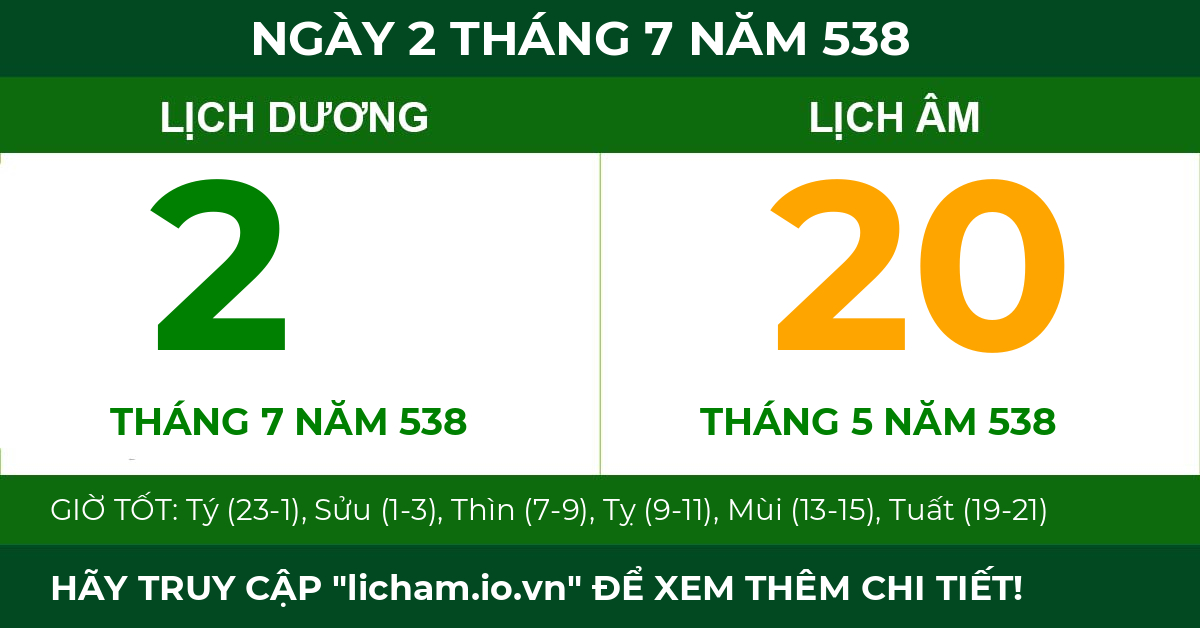 lịch âm ngày 2 tháng 7 năm 538