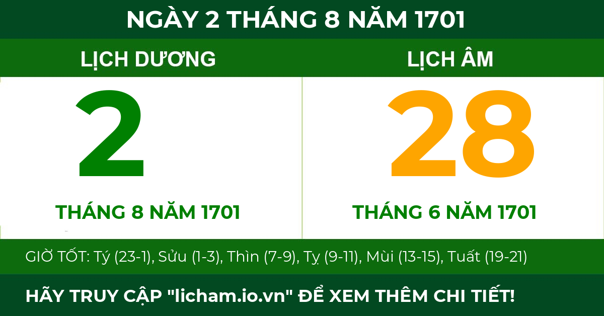 lịch âm ngày 2 tháng 8 năm 1701
