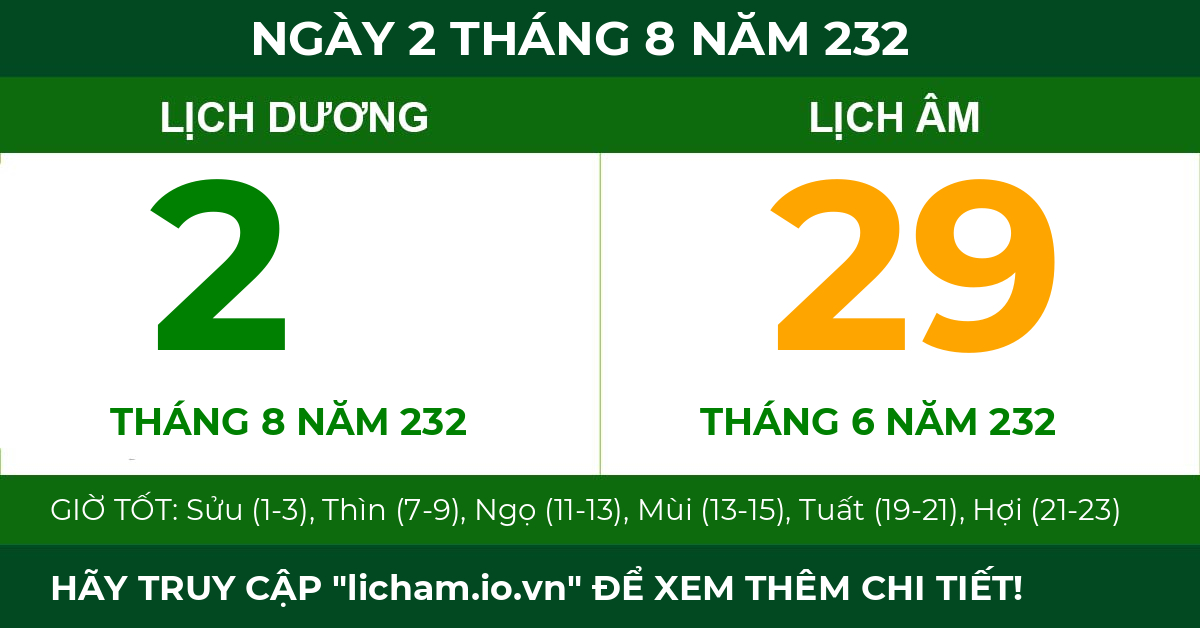 lịch âm ngày 2 tháng 8 năm 232