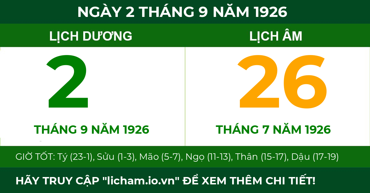 lịch âm ngày 2 tháng 9 năm 1926