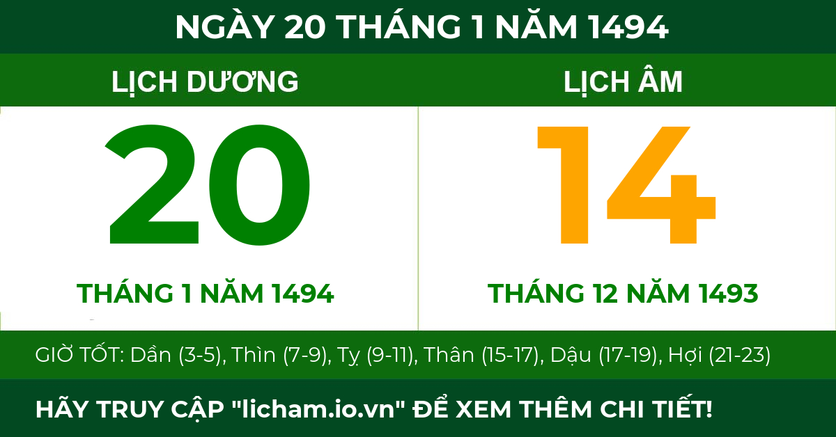 lịch âm ngày 20 tháng 1 năm 1494
