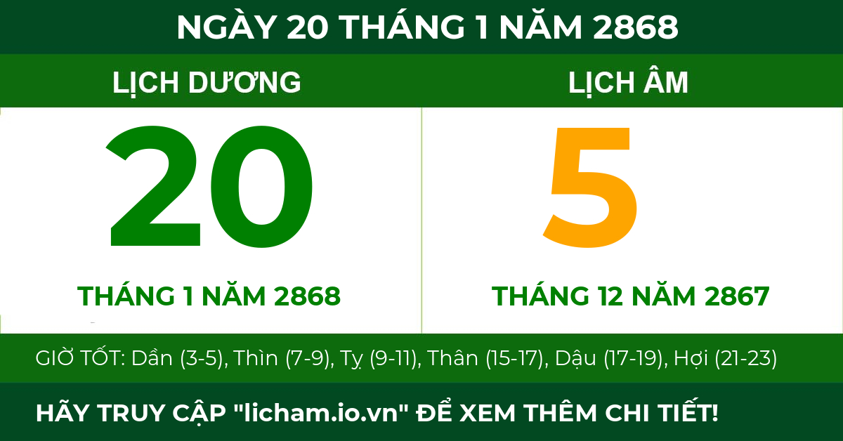 lịch âm ngày 20 tháng 1 năm 2868