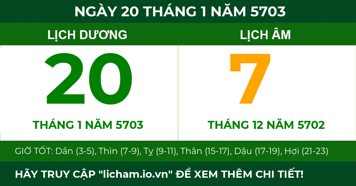 lịch âm ngày 20 tháng 1 năm 5703