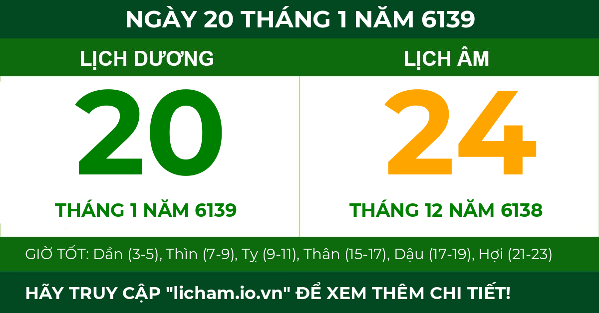 lịch âm ngày 20 tháng 1 năm 6139