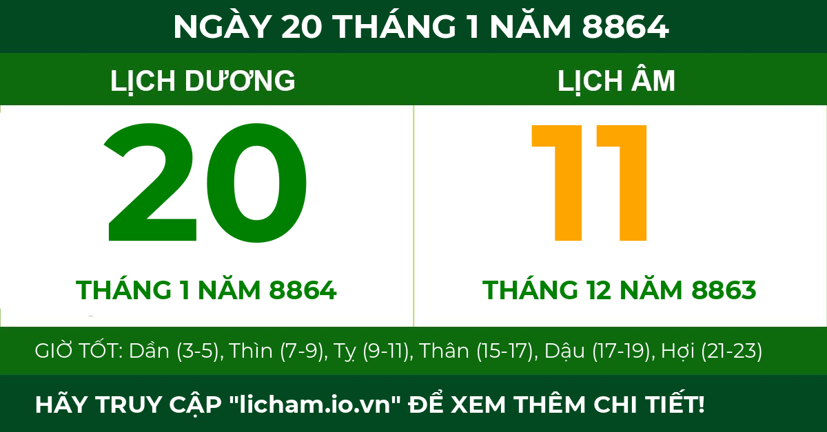lịch âm ngày 20 tháng 1 năm 8864