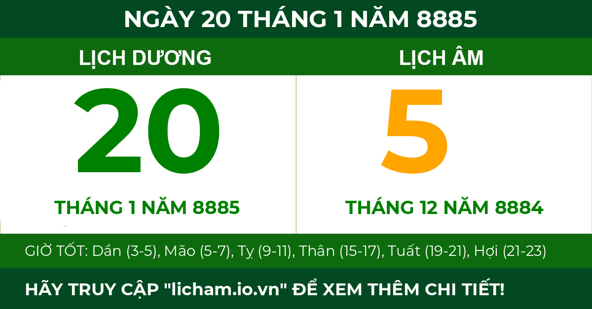 lịch âm ngày 20 tháng 1 năm 8885