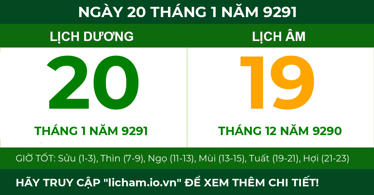 lịch âm ngày 20 tháng 1 năm 9291