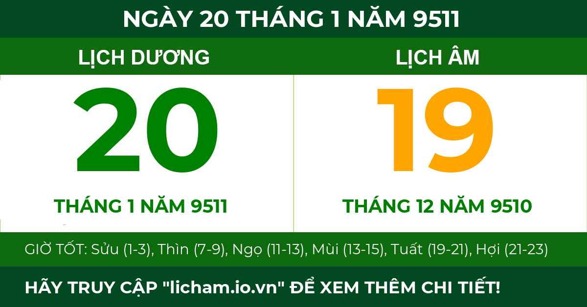 lịch âm ngày 20 tháng 1 năm 9511