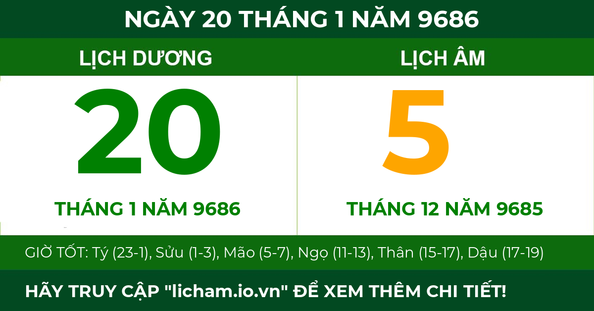 lịch âm ngày 20 tháng 1 năm 9686