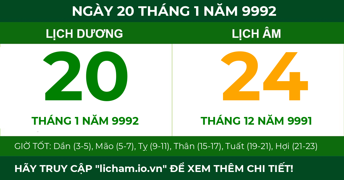 lịch âm ngày 20 tháng 1 năm 9992