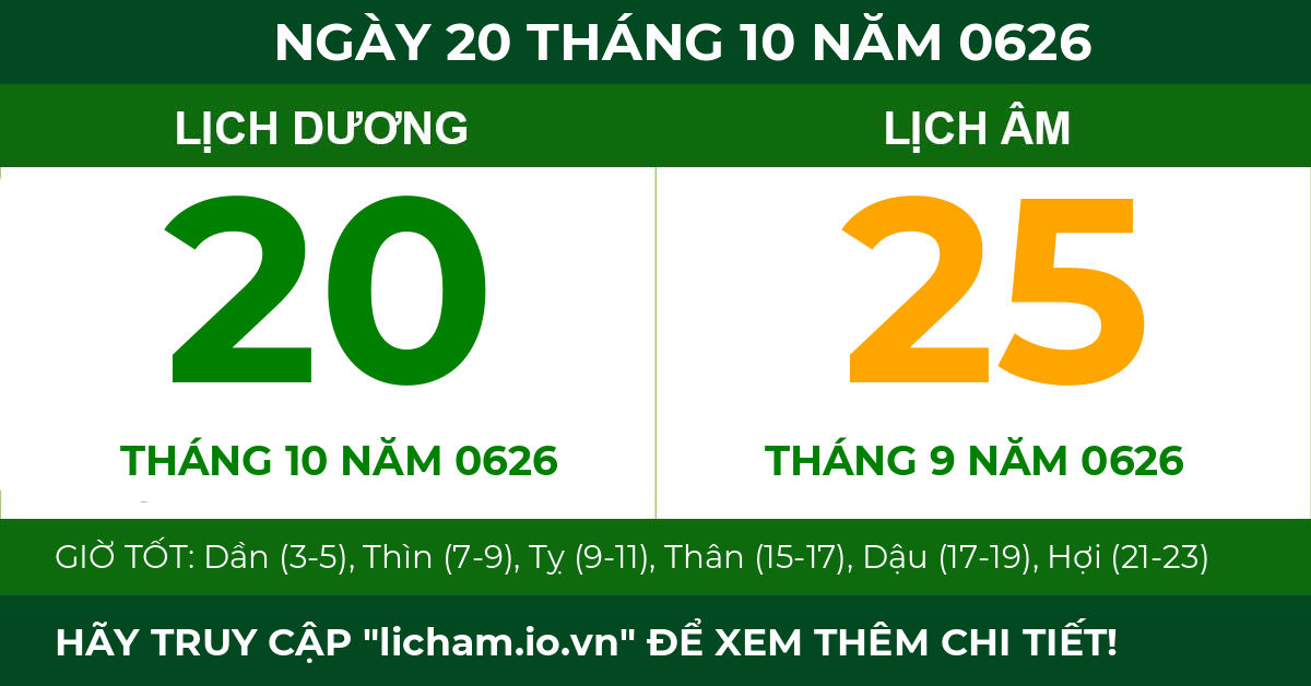 lịch âm ngày 20 tháng 10 năm 0626