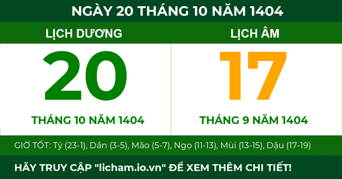 lịch âm ngày 20 tháng 10 năm 1404