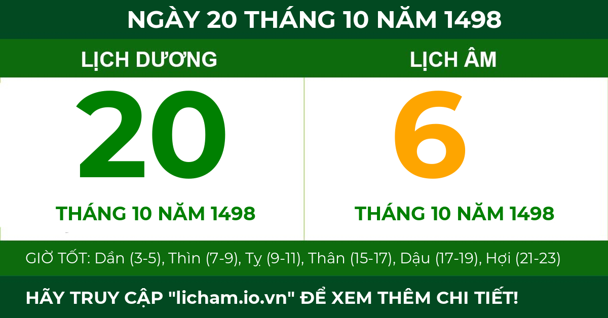 lịch âm ngày 20 tháng 10 năm 1498