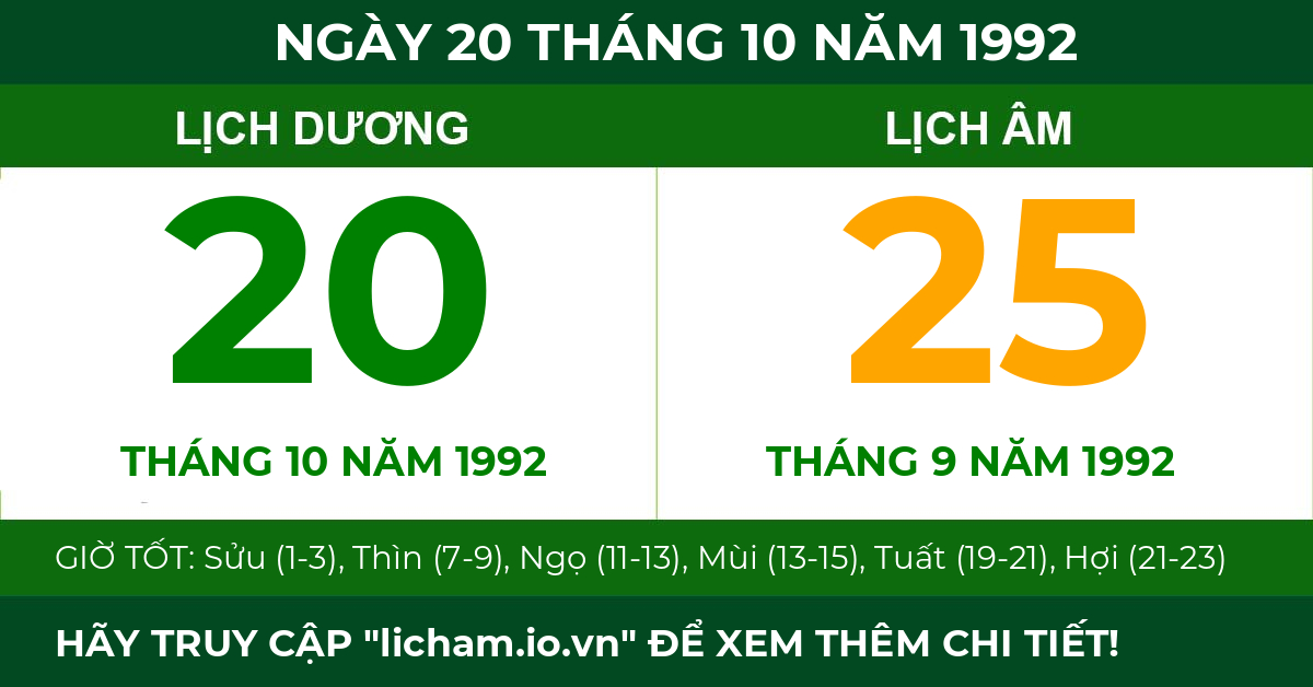 lịch âm ngày 20 tháng 10 năm 1992