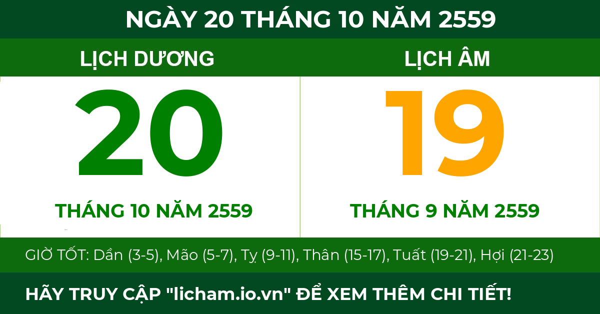 lịch âm ngày 20 tháng 10 năm 2559