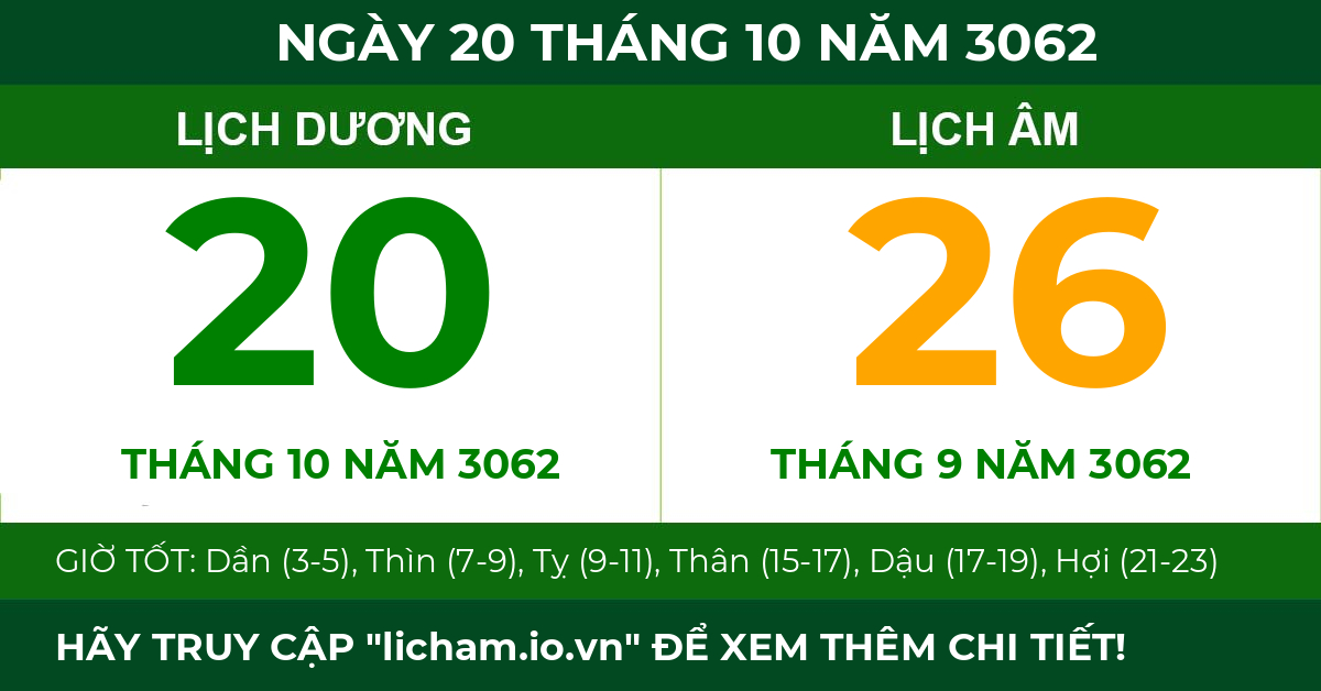 lịch âm ngày 20 tháng 10 năm 3062