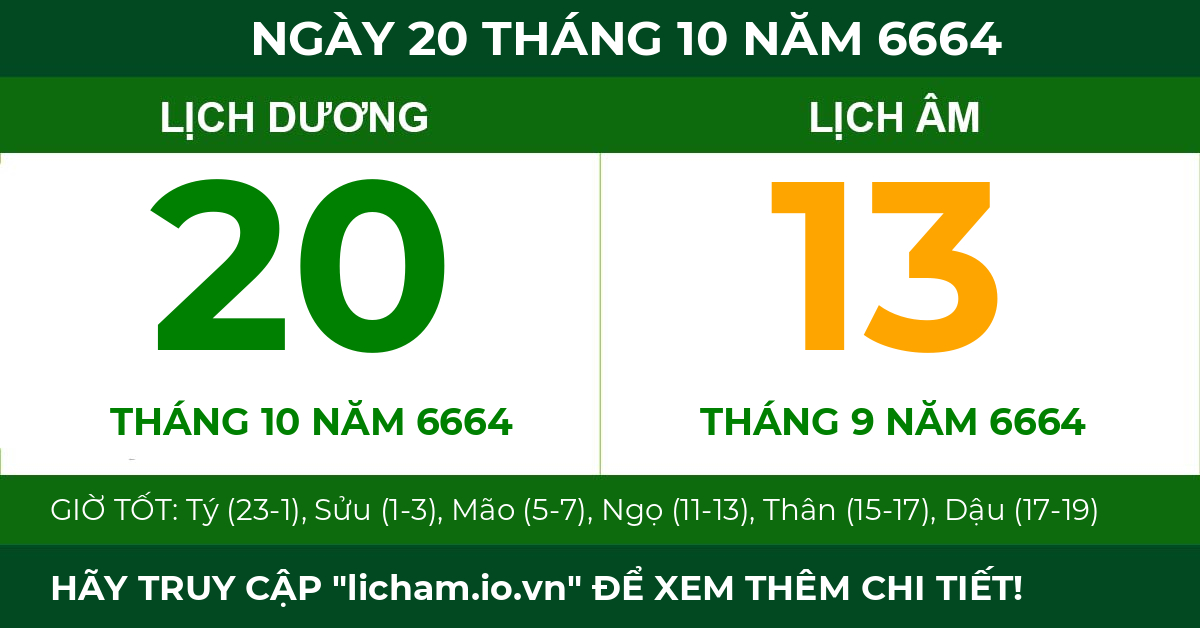 lịch âm ngày 20 tháng 10 năm 6664