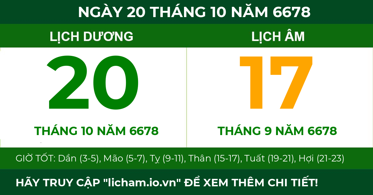 lịch âm ngày 20 tháng 10 năm 6678