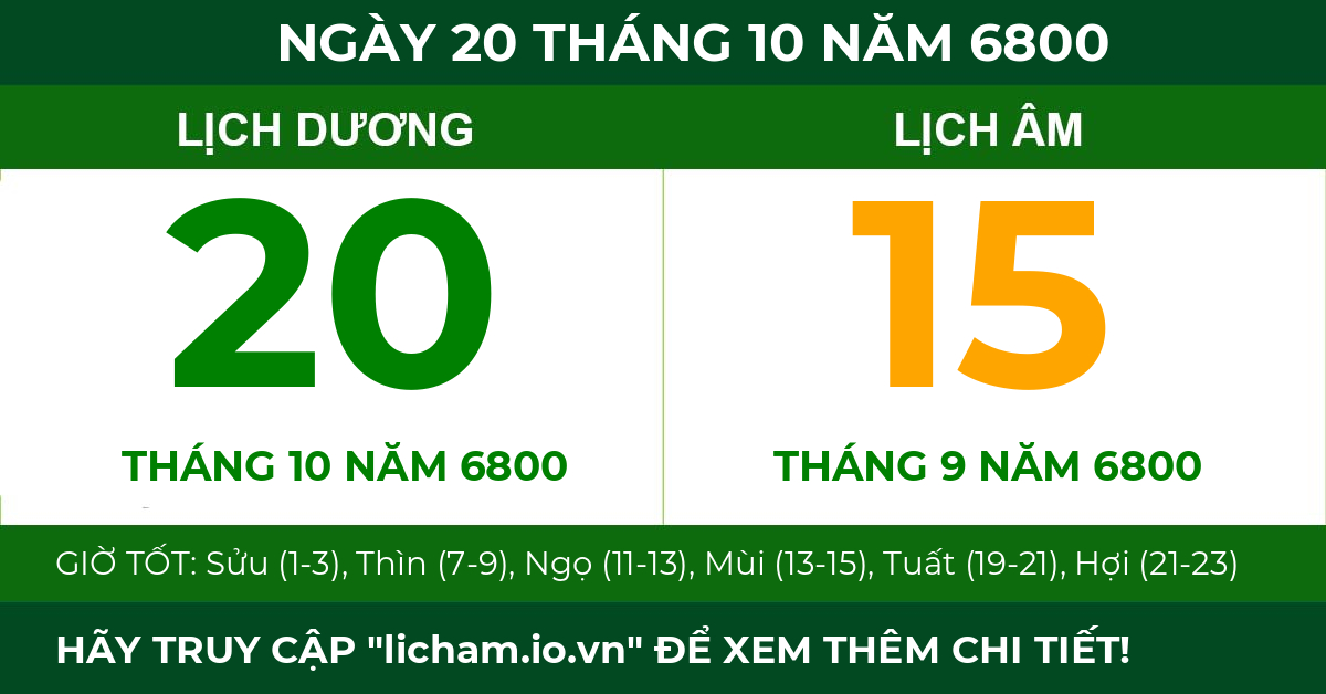lịch âm ngày 20 tháng 10 năm 6800