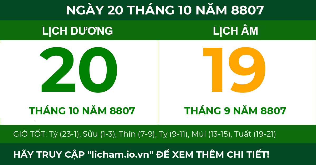 lịch âm ngày 20 tháng 10 năm 8807