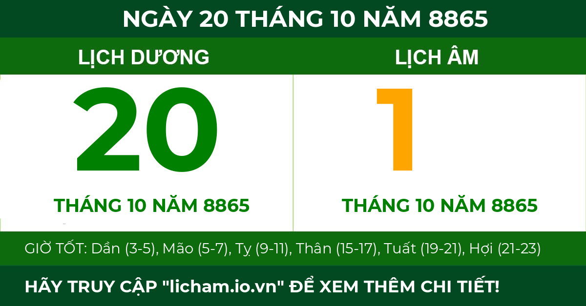 lịch âm ngày 20 tháng 10 năm 8865