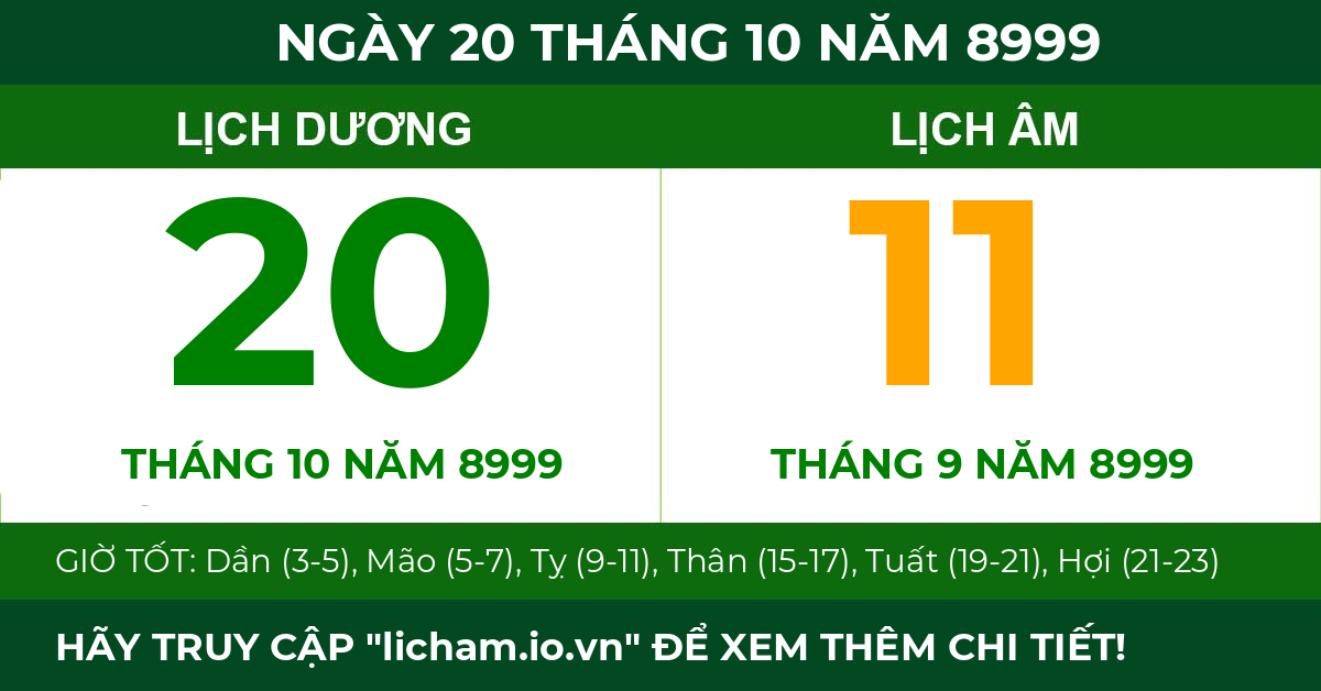 lịch âm ngày 20 tháng 10 năm 8999
