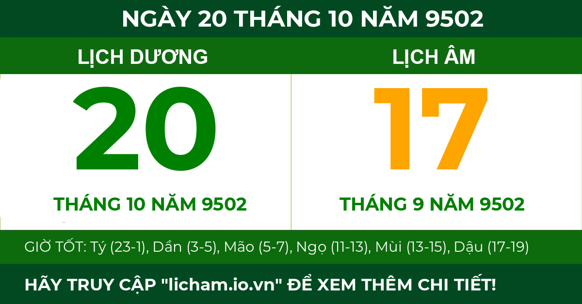 lịch âm ngày 20 tháng 10 năm 9502
