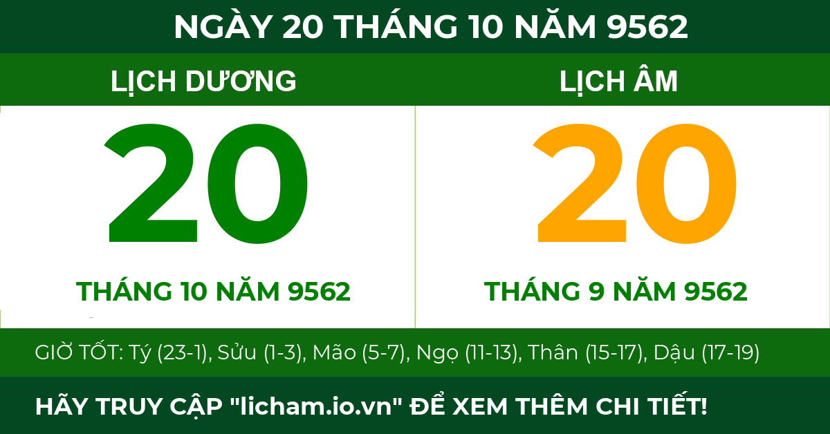 lịch âm ngày 20 tháng 10 năm 9562