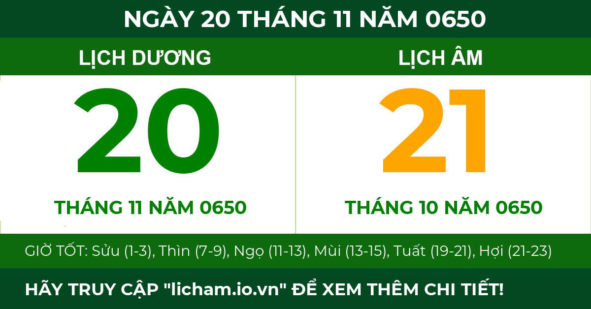 lịch âm ngày 20 tháng 11 năm 0650