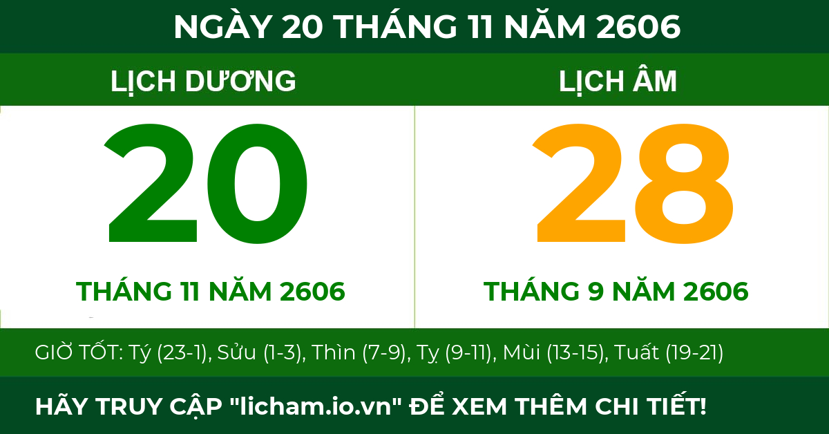 lịch âm ngày 20 tháng 11 năm 2606