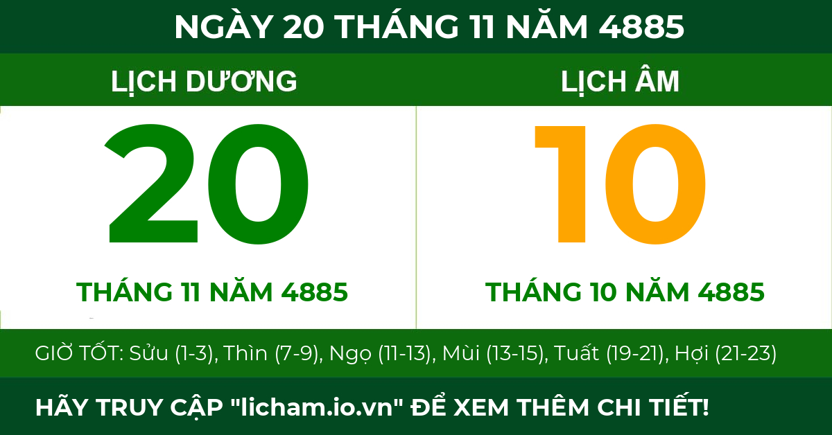 lịch âm ngày 20 tháng 11 năm 4885