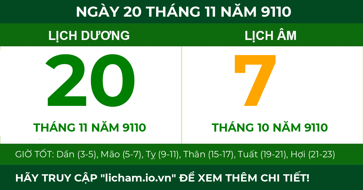 lịch âm ngày 20 tháng 11 năm 9110