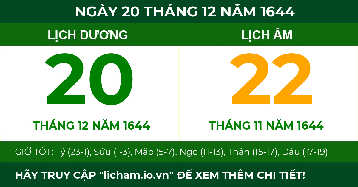 lịch âm ngày 20 tháng 12 năm 1644