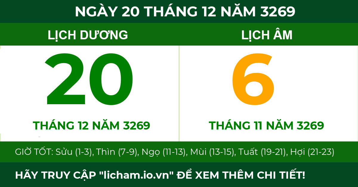 lịch âm ngày 20 tháng 12 năm 3269