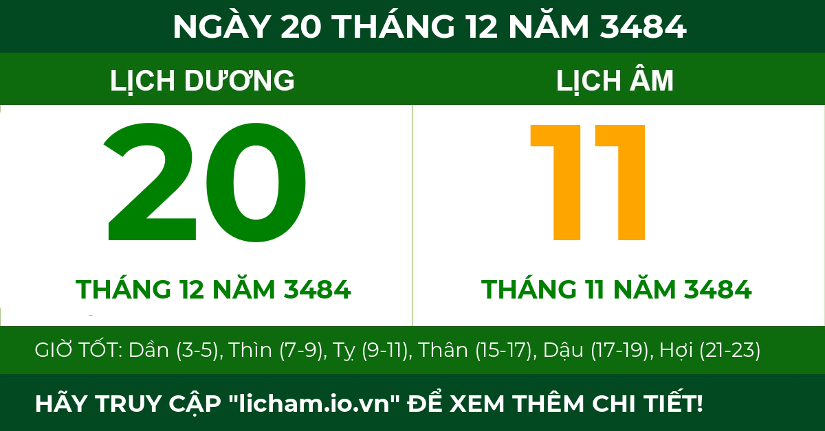 lịch âm ngày 20 tháng 12 năm 3484