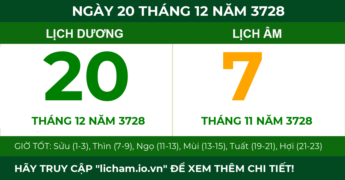 lịch âm ngày 20 tháng 12 năm 3728