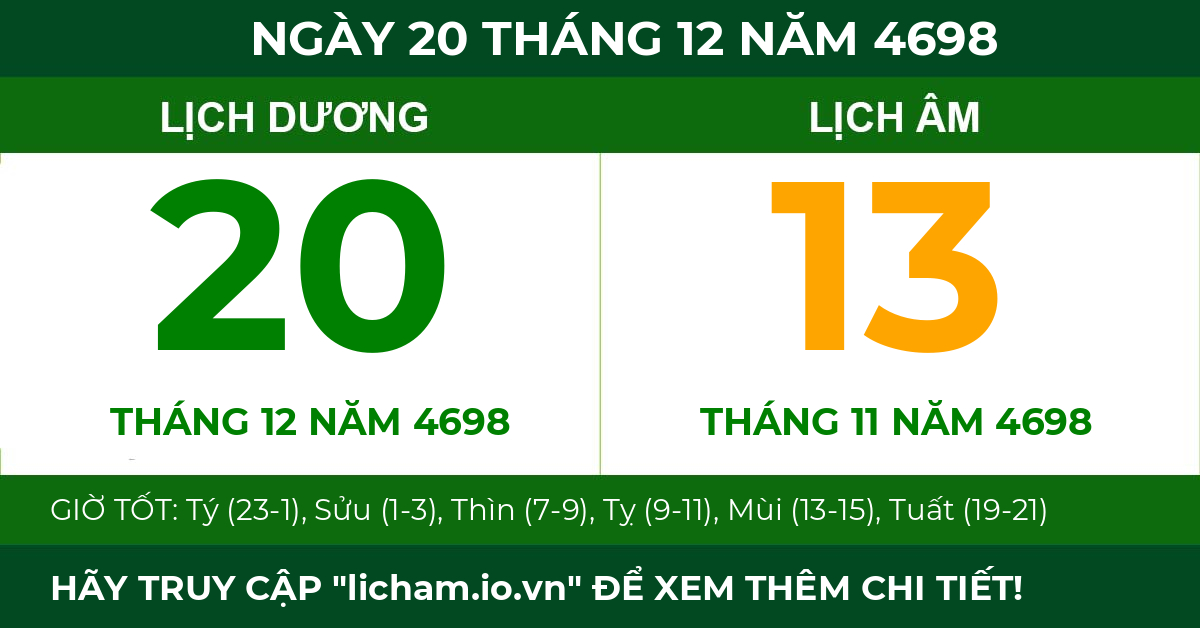 lịch âm ngày 20 tháng 12 năm 4698