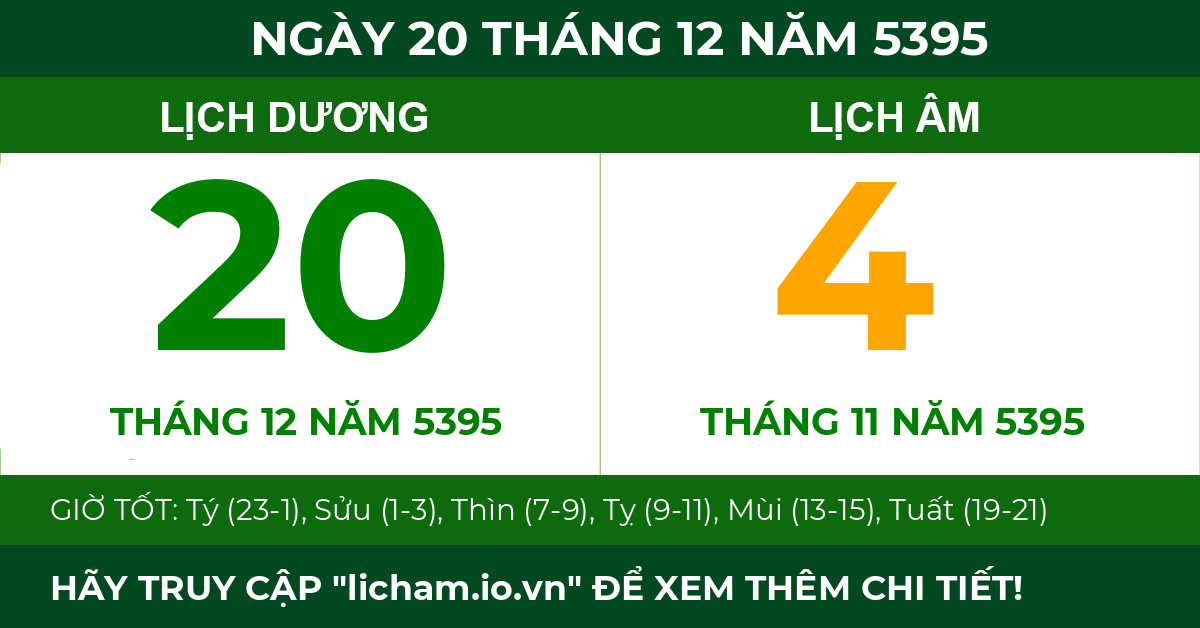 lịch âm ngày 20 tháng 12 năm 5395