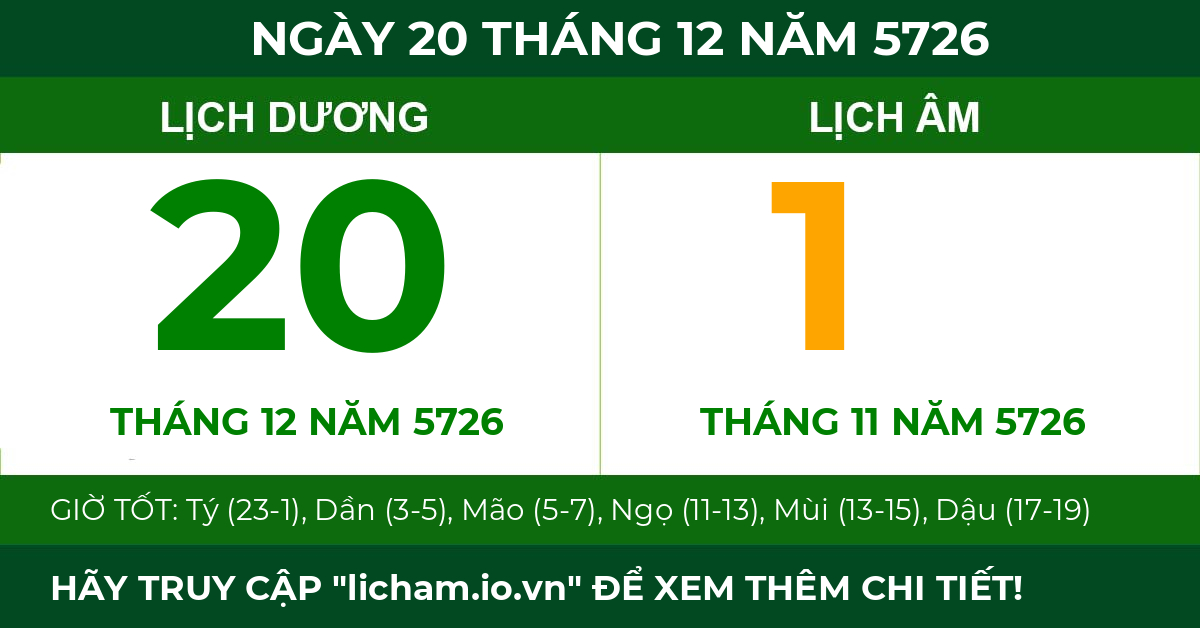 lịch âm ngày 20 tháng 12 năm 5726