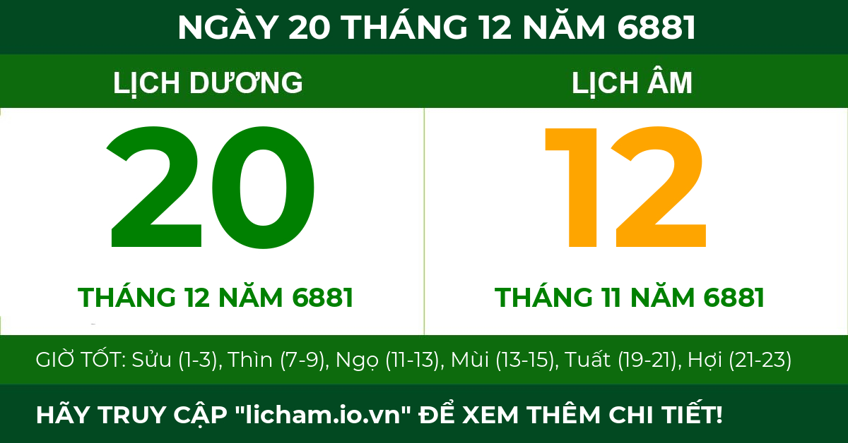 lịch âm ngày 20 tháng 12 năm 6881