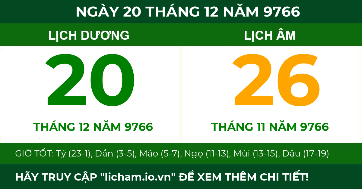 lịch âm ngày 20 tháng 12 năm 9766