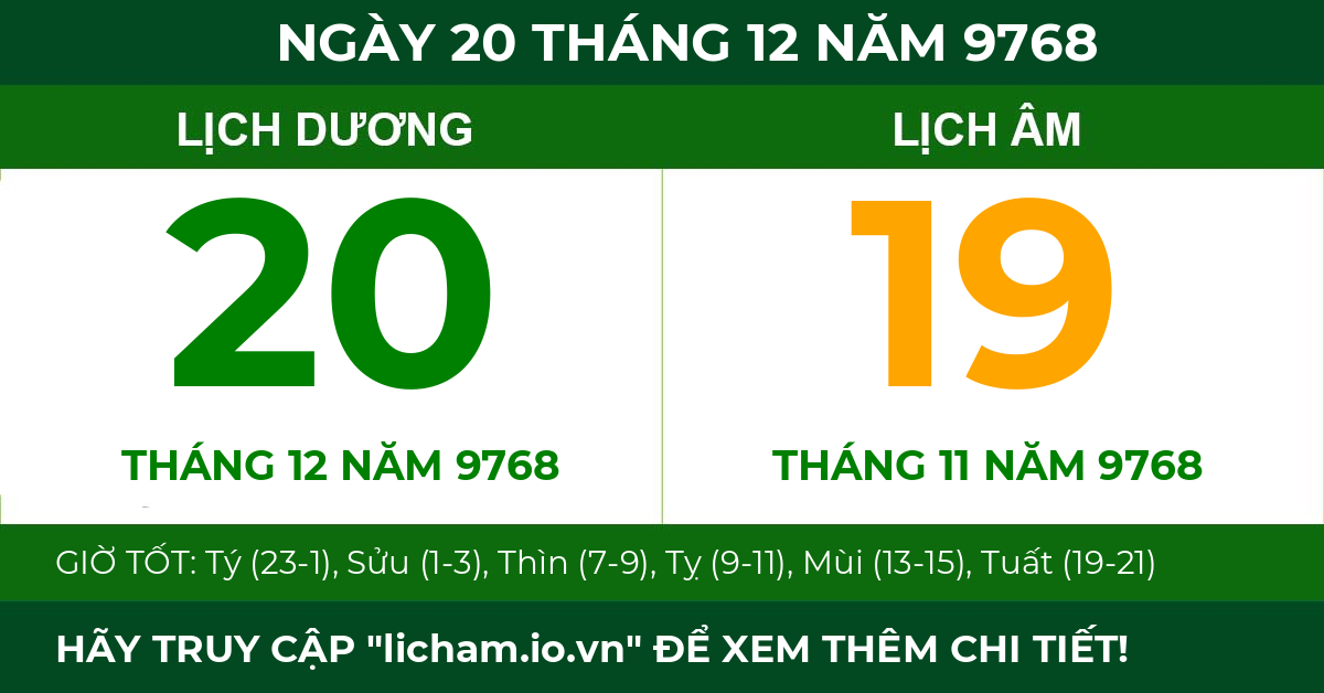 lịch âm ngày 20 tháng 12 năm 9768